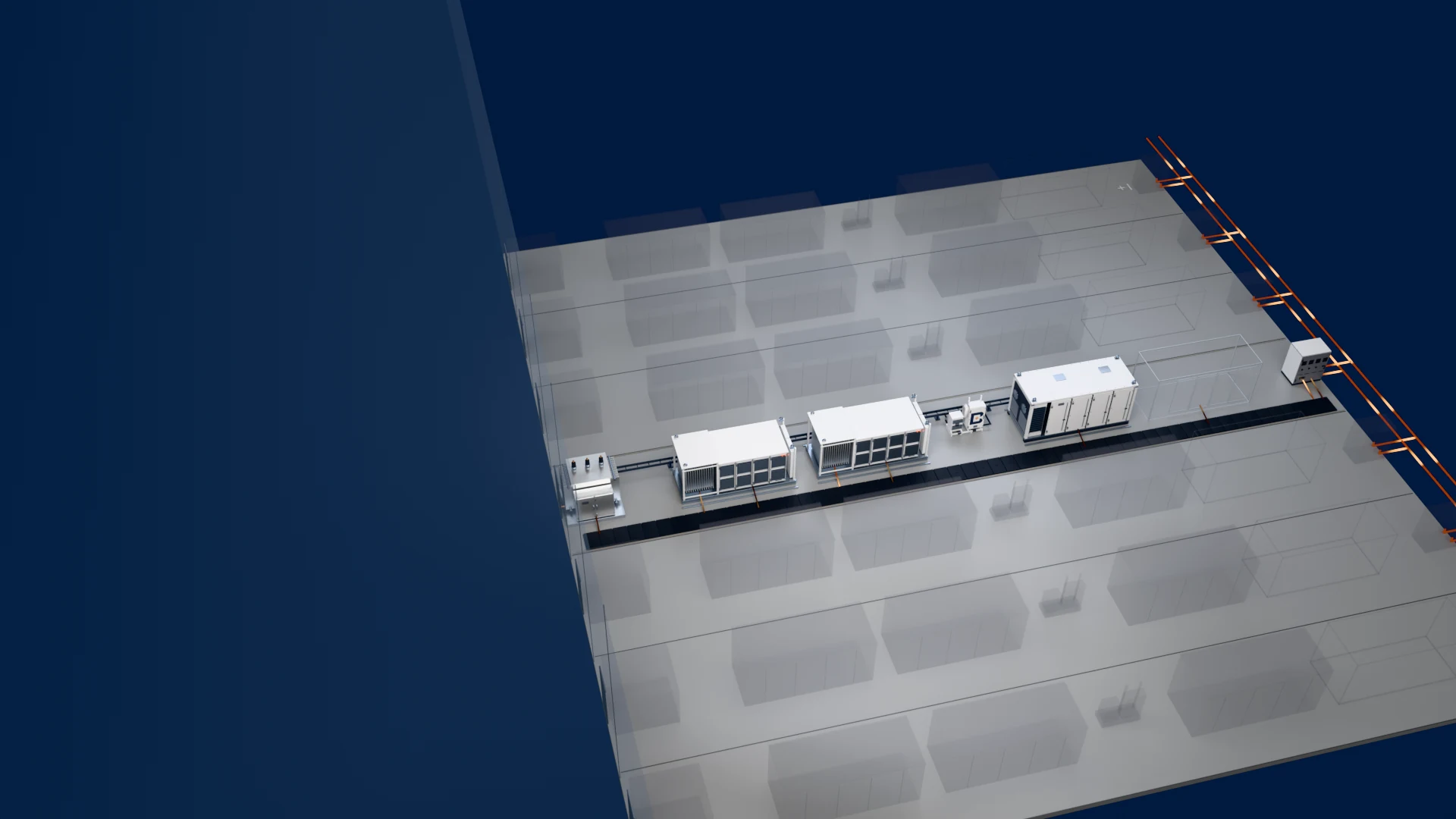 One block.: The load is always fed through its own converter, so transfer time is 0 ms. The grid-side converter and the battery sit behind it on a shared direct-current connection.