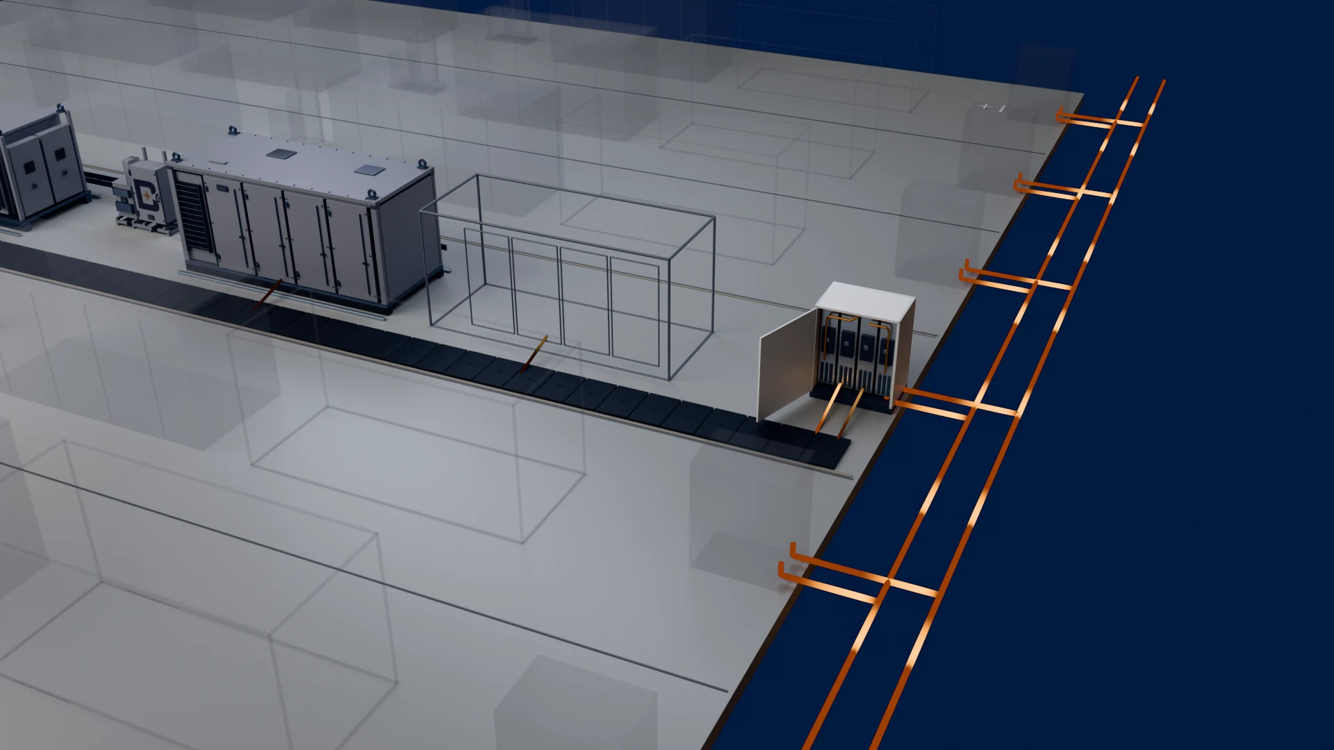 The grid side.: Two utility feeds reach the ring main unit. Its bypass gives a direct path from grid to load when the block is out of service.