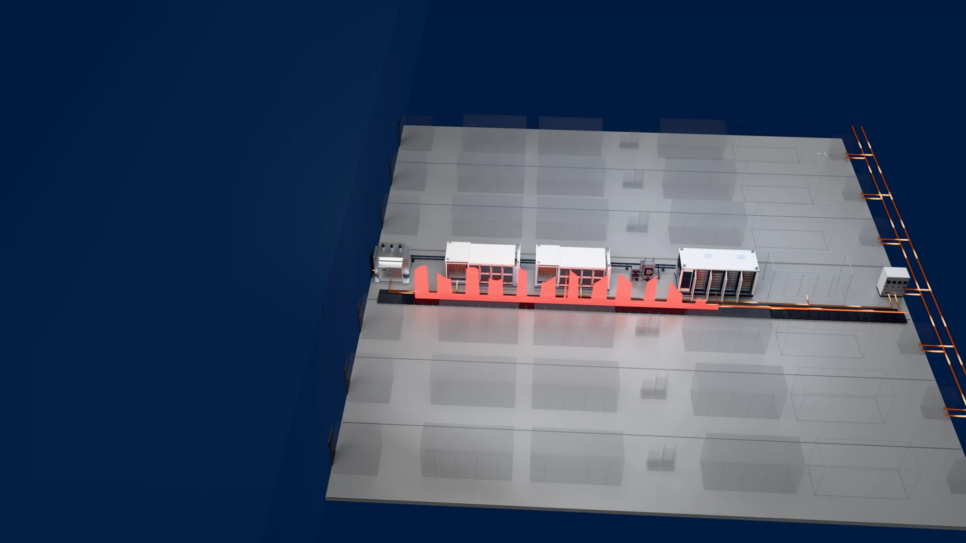 Smooth power for the AI hall.: The block smooths AI load pulses, rides through grid events and carries the hall through a loss of supply with zero transfer time. The hall sees clean power. The grid sees a slow, controlled draw.