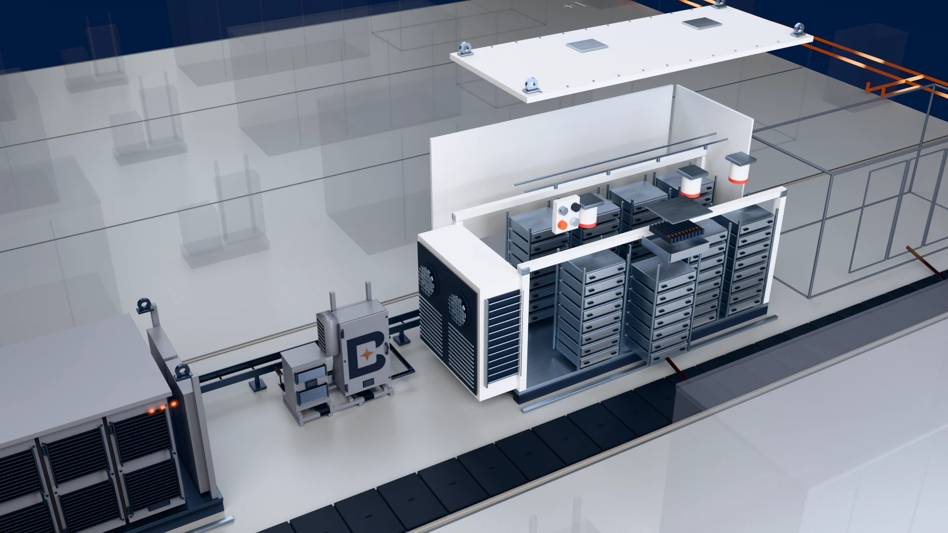 Inside a battery block.: The container separates to reveal its racks and liquid-cooling end. A rack, a module and its cell stack move apart to show how the storage fits inside.