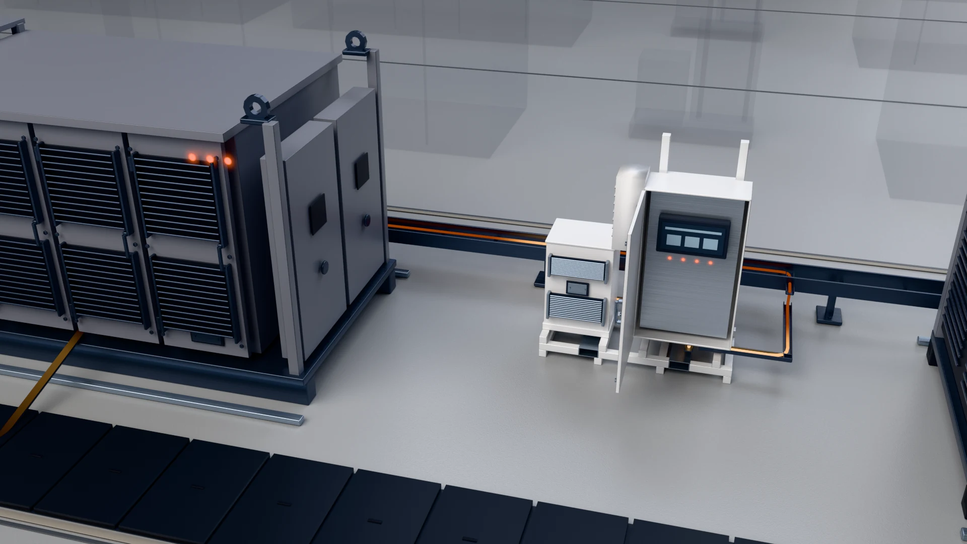 Battalion control and aux power skid.: The Battalion energy management system (EMS) runs each block from this enclosure and coordinates the seven. The auxiliary transformer and distribution supply cooling and controls.
